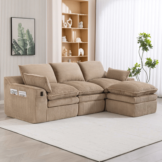 Sofá modular de 3 lugares em veludo cotelê com otomana - espuma de 3 camadas e molas, almofadas incluídas, bolsos laterais, design modular combinável, recuperação rápida - cáqui