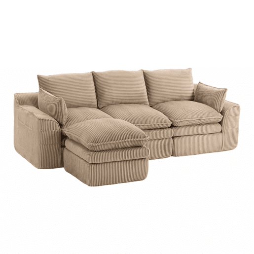 Sofá modular de 3 lugares em veludo cotelê com otomana - espuma de 3 camadas e molas, almofadas incluídas, bolsos laterais, design modular combinável, recuperação rápida - cáqui