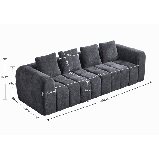 Sofá de canto modular 260 x 94,5 x 80 cm - 3 lugares, espuma de alta densidade, montagem livre, veludo com braços, assento profundo - Cinza escuro