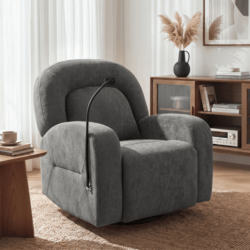 HOMCOM Poltrona Relax Reclinável 3 em 1, Poltrona com Função de Baloiço, Rotação 360°, Suporte para Telemóvel, Assento Amplo, Encosto Largo, Estofada em Veludo, Cinzento