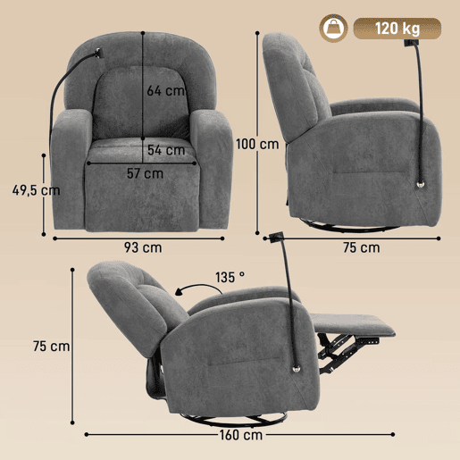 HOMCOM Poltrona Relax Reclinável 3 em 1, Poltrona com Função de Baloiço, Rotação 360°, Suporte para Telemóvel, Assento Amplo, Encosto Largo, Estofada em Veludo, Cinzento