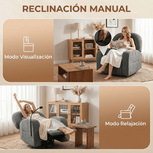 HOMCOM Poltrona Relax Reclinável 3 em 1, Poltrona com Função de Baloiço, Rotação 360°, Suporte para Telemóvel, Assento Amplo, Encosto Largo, Estofada em Veludo, Cinzento