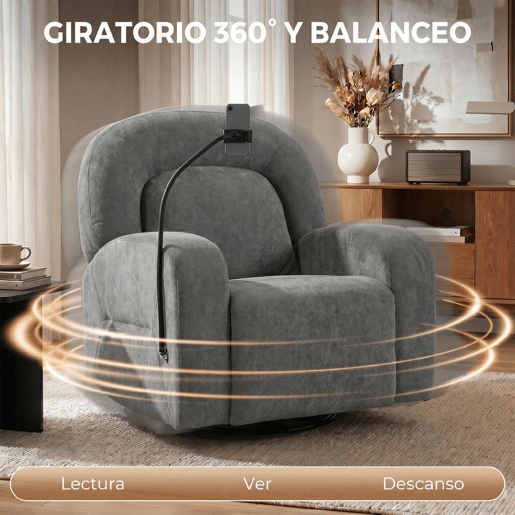 HOMCOM Poltrona Relax Reclinável 3 em 1, Poltrona com Função de Baloiço, Rotação 360°, Suporte para Telemóvel, Assento Amplo, Encosto Largo, Estofada em Veludo, Cinzento