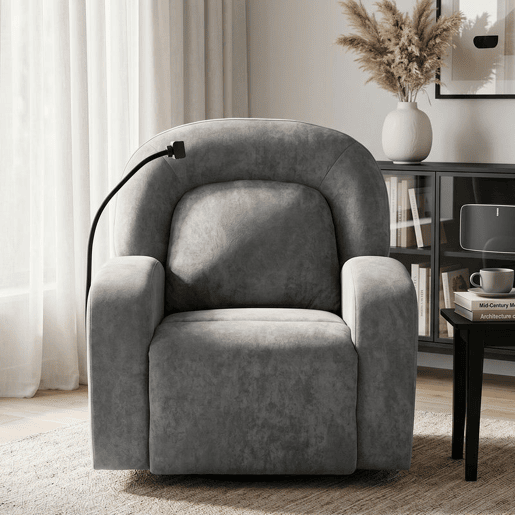 HOMCOM Poltrona Relax Reclinável 3 em 1, Poltrona com Função de Baloiço, Rotação 360°, Suporte para Telemóvel, Assento Amplo, Encosto Largo, Estofada em Veludo, Cinzento