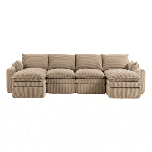 Sofá modular de 4 lugares - Com 2 pufes, almofadas e 2 bolsos laterais, espuma de 3 camadas + molas para recuperação rápida - cor cáqui