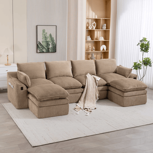 Sofá modular de 4 lugares - Com 2 pufes, almofadas e 2 bolsos laterais, espuma de 3 camadas + molas para recuperação rápida - cor cáqui