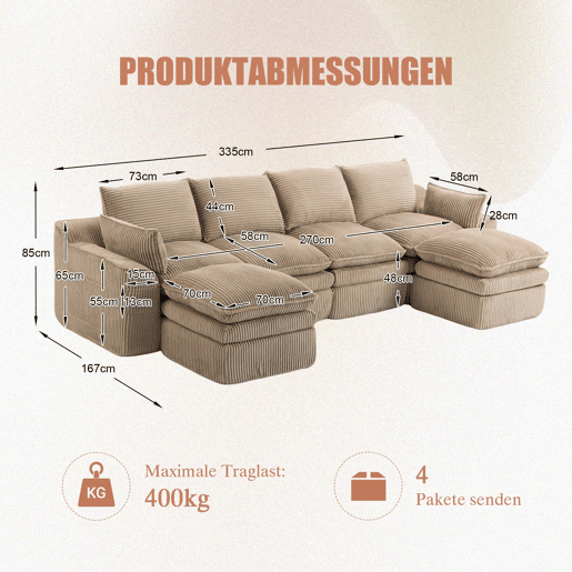 Sofá modular de 4 lugares - Com 2 pufes, almofadas e 2 bolsos laterais, espuma de 3 camadas + molas para recuperação rápida - cor cáqui