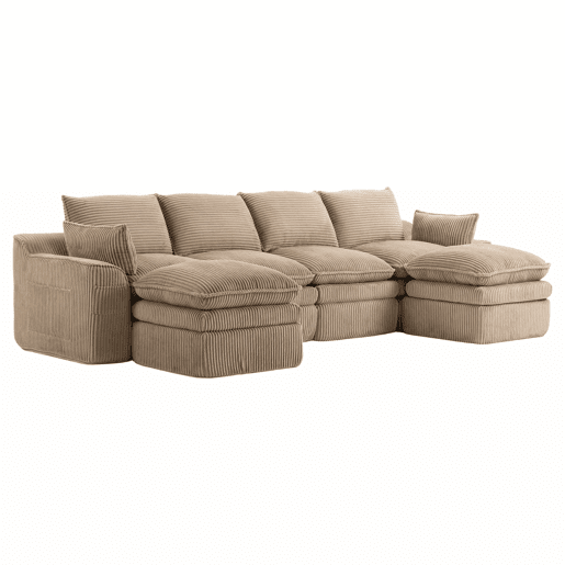 Sofá modular de 4 lugares - Com 2 pufes, almofadas e 2 bolsos laterais, espuma de 3 camadas + molas para recuperação rápida - cor cáqui