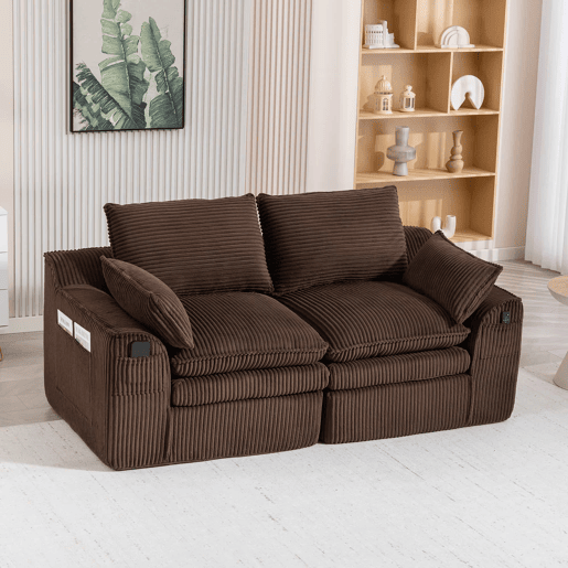 Sofá modular de veludo cotelê de 2 lugares - com almofadas e dois bolsos laterais de tamanhos diferentes, espuma de 3 camadas + núcleo de molas para recuperação rápida - castanho