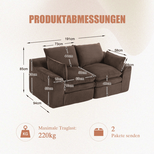 Sofá modular de veludo cotelê de 2 lugares - com almofadas e dois bolsos laterais de tamanhos diferentes, espuma de 3 camadas + núcleo de molas para recuperação rápida - castanho