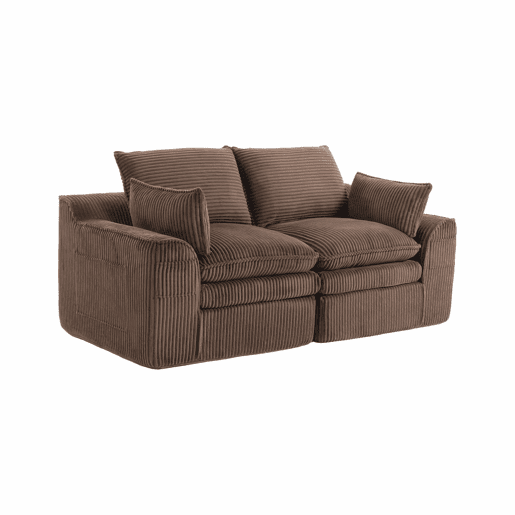 Sofá modular de veludo cotelê de 2 lugares - com almofadas e dois bolsos laterais de tamanhos diferentes, espuma de 3 camadas + núcleo de molas para recuperação rápida - castanho