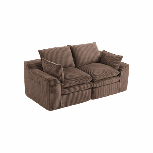 Sofá modular de veludo cotelê de 2 lugares - com almofadas e dois bolsos laterais de tamanhos diferentes, espuma de 3 camadas + núcleo de molas para recuperação rápida - castanho