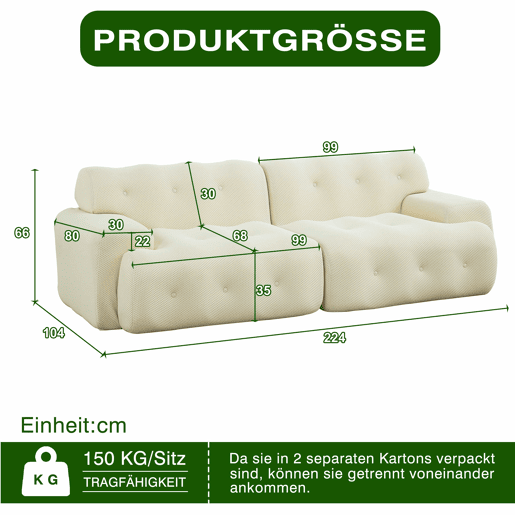 Sofá de 2 lugares grande - braços largos, design moderno com botões, formato curvo, sem montagem - bege