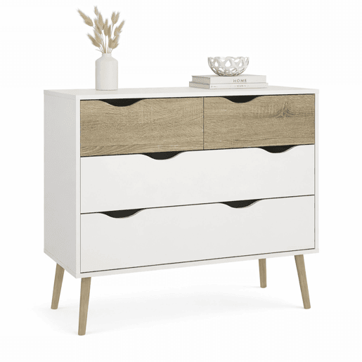 Cómoda para quarto Tajo com 4 gavetas cor Branco e Carvalho Patinado 99 x 39 x 82 cm