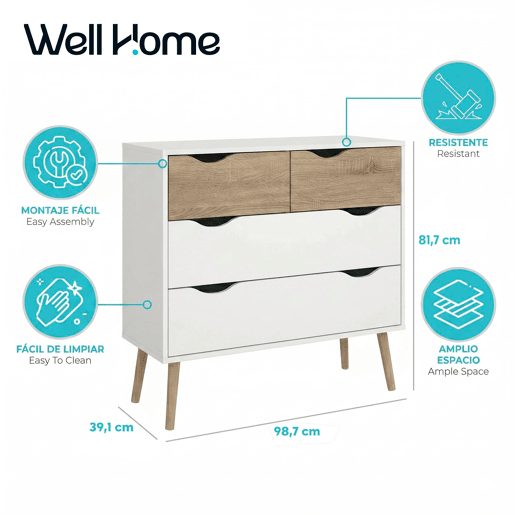 Cómoda para quarto Tajo com 4 gavetas cor Branco e Carvalho Patinado 99 x 39 x 82 cm