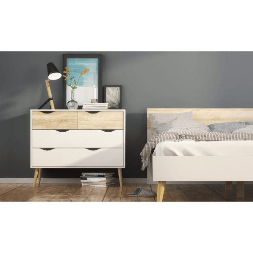 Cómoda para quarto Tajo com 4 gavetas cor Branco e Carvalho Patinado 99 x 39 x 82 cm