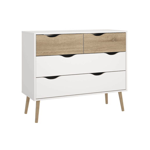 Cómoda para quarto Tajo com 4 gavetas cor Branco e Carvalho Patinado 99 x 39 x 82 cm