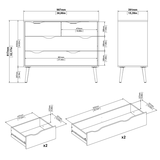 Cómoda para quarto Tajo com 4 gavetas cor Branco e Carvalho Patinado 99 x 39 x 82 cm