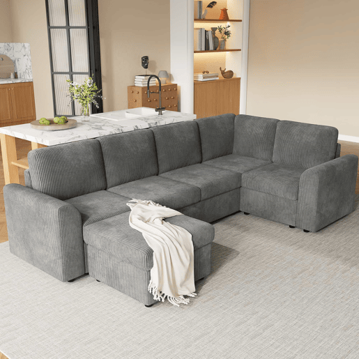 Sofá de canto em L 282 x 153 x 85 cm - sofá moderno em veludo cotelê com braços, 6 lugares, banqueta multifuncional móvel, montagem fácil, espuma de alta densidade - cinzento