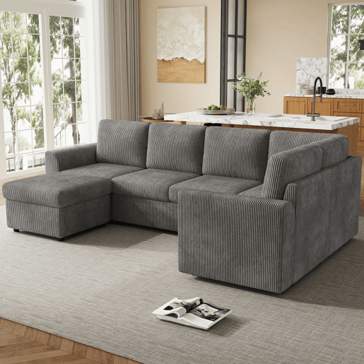 Sofá de canto em L 282 x 153 x 85 cm - sofá moderno em veludo cotelê com braços, 6 lugares, banqueta multifuncional móvel, montagem fácil, espuma de alta densidade - cinzento