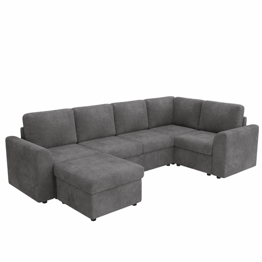 Sofá de canto em L 282 x 153 x 85 cm - sofá moderno em veludo cotelê com braços, 6 lugares, banqueta multifuncional móvel, montagem fácil, espuma de alta densidade - cinzento