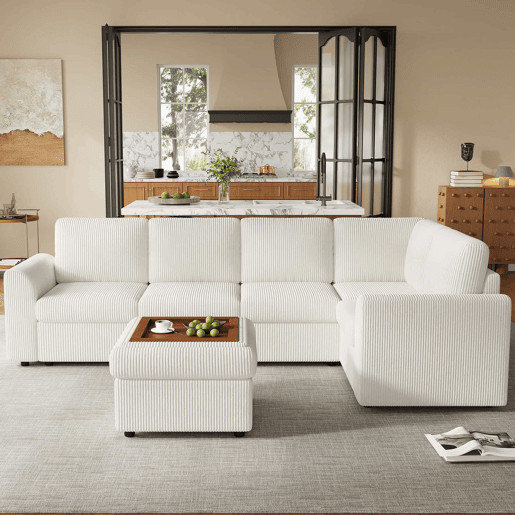 Sofá de canto em L 282 x 153 x 85 cm - sofá moderno em veludo com braços, banquinho multifuncional móvel, montagem fácil, espuma de alta densidade, 6 lugares - bege