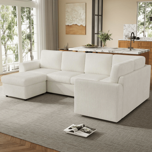 Sofá de canto em L 282 x 153 x 85 cm - sofá moderno em veludo com braços, banquinho multifuncional móvel, montagem fácil, espuma de alta densidade, 6 lugares - bege