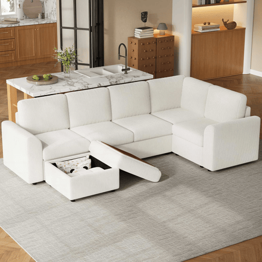 Sofá de canto em L 282 x 153 x 85 cm - sofá moderno em veludo com braços, banquinho multifuncional móvel, montagem fácil, espuma de alta densidade, 6 lugares - bege