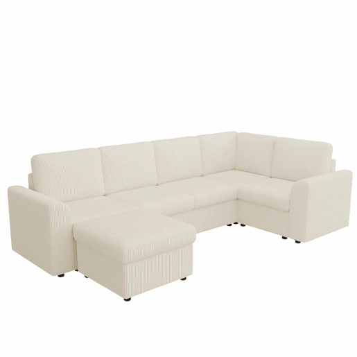 Sofá de canto em L 282 x 153 x 85 cm - sofá moderno em veludo com braços, banquinho multifuncional móvel, montagem fácil, espuma de alta densidade, 6 lugares - bege