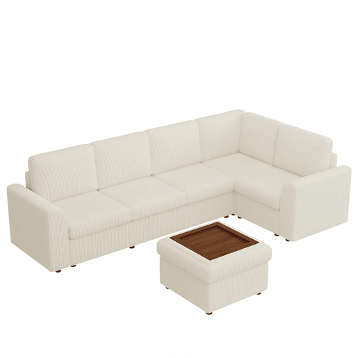 Sofá de canto em L 282 x 153 x 85 cm - sofá moderno em veludo com braços, banquinho multifuncional móvel, montagem fácil, espuma de alta densidade, 6 lugares - bege