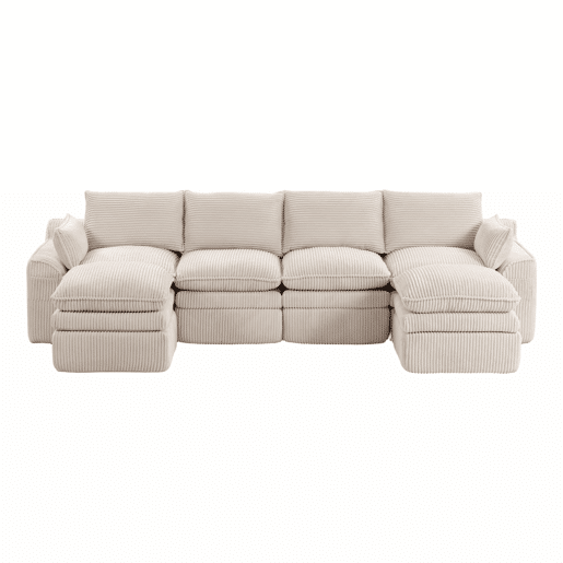 Sofá modular de 4 lugares - com 2 pufes, almofadas e 2 bolsos laterais, espuma de 3 camadas + molas para recuperação rápida - Bege