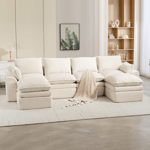 Sofá modular de 4 lugares - com 2 pufes, almofadas e 2 bolsos laterais, espuma de 3 camadas + molas para recuperação rápida - Bege