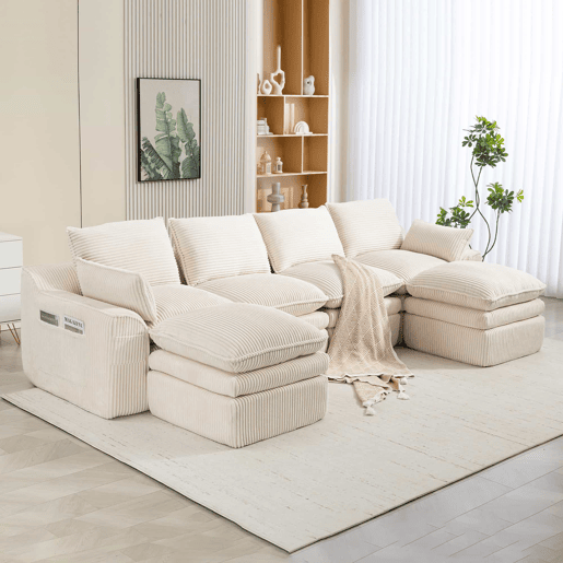 Sofá modular de 4 lugares - com 2 pufes, almofadas e 2 bolsos laterais, espuma de 3 camadas + molas para recuperação rápida - Bege