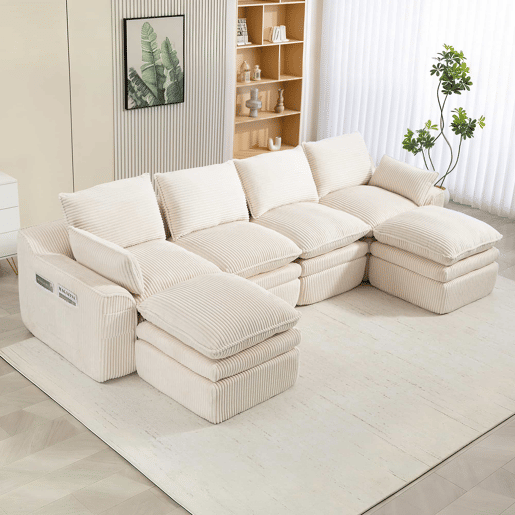 Sofá modular de 4 lugares - com 2 pufes, almofadas e 2 bolsos laterais, espuma de 3 camadas + molas para recuperação rápida - Bege