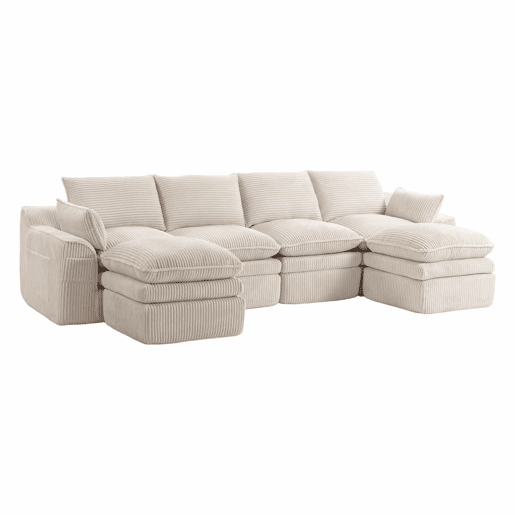 Sofá modular de 4 lugares - com 2 pufes, almofadas e 2 bolsos laterais, espuma de 3 camadas + molas para recuperação rápida - Bege