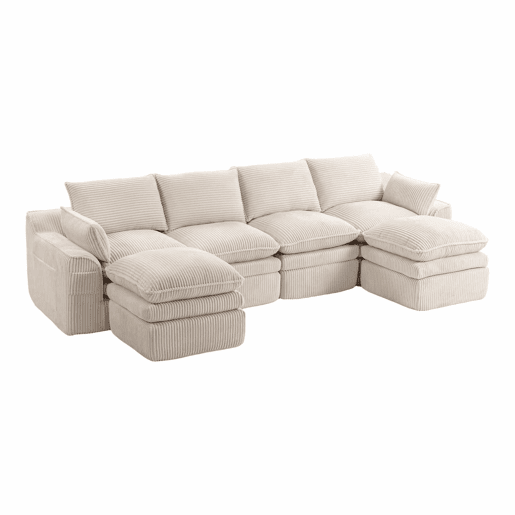 Sofá modular de 4 lugares - com 2 pufes, almofadas e 2 bolsos laterais, espuma de 3 camadas + molas para recuperação rápida - Bege