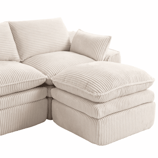 Sofá modular de 4 lugares - com 2 pufes, almofadas e 2 bolsos laterais, espuma de 3 camadas + molas para recuperação rápida - Bege