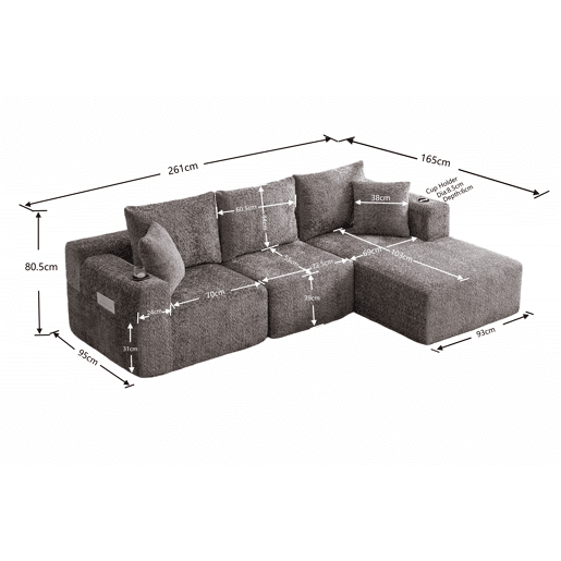 Sofá modular de canto 261×165 cm - em forma de L, assento profundo, sem montagem, com porta-copos - cinzento escuro Sofá modular de canto 261×165 cm - em forma de L, assento profundo, sem montagem, com porta-copos - cinzento escuro