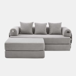 Sofá modular de 3 lugares - com pufe, estrutura metálica resistente, almofadas confortáveis, almofada extra grossa - cor cinza claro