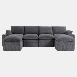 Sofá modular de 4 lugares - Inclui 2 pufes, almofadas e 2 bolsos laterais, espuma de 3 camadas + molas para recuperação rápida, combinável à vontade - Cinza escuro