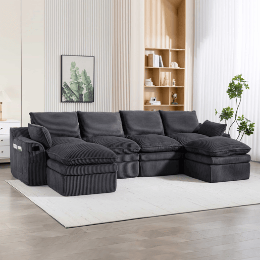 Sofá modular de 4 lugares - Inclui 2 pufes, almofadas e 2 bolsos laterais, espuma de 3 camadas + molas para recuperação rápida, combinável à vontade - Cinza escuro