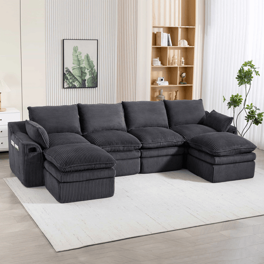 Sofá modular de 4 lugares - Inclui 2 pufes, almofadas e 2 bolsos laterais, espuma de 3 camadas + molas para recuperação rápida, combinável à vontade - Cinza escuro
