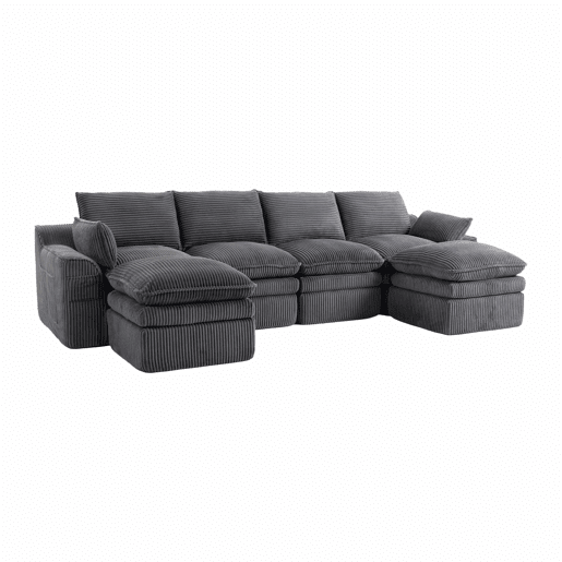 Sofá modular de 4 lugares - Inclui 2 pufes, almofadas e 2 bolsos laterais, espuma de 3 camadas + molas para recuperação rápida, combinável à vontade - Cinza escuro