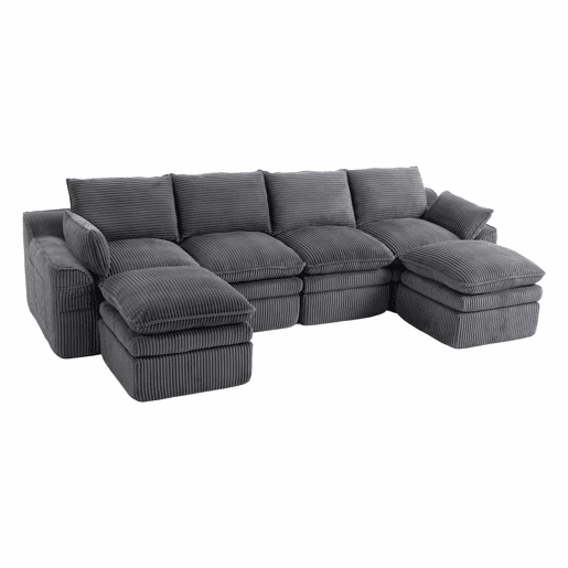 Sofá modular de 4 lugares - Inclui 2 pufes, almofadas e 2 bolsos laterais, espuma de 3 camadas + molas para recuperação rápida, combinável à vontade - Cinza escuro
