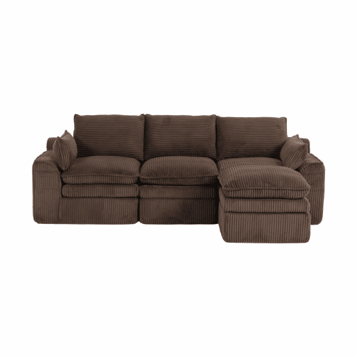Sofá modular de 3 lugares com otomana - tecido de veludo cotelê, almofadas incluídas, 2 bolsos laterais, espuma de 3 camadas + molas de alta resiliência, design modular combinável - castanho