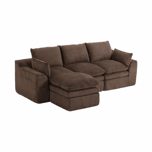 Sofá modular de 3 lugares com otomana - tecido de veludo cotelê, almofadas incluídas, 2 bolsos laterais, espuma de 3 camadas + molas de alta resiliência, design modular combinável - castanho