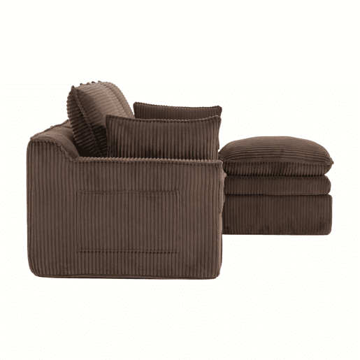 Sofá modular de 3 lugares com otomana - tecido de veludo cotelê, almofadas incluídas, 2 bolsos laterais, espuma de 3 camadas + molas de alta resiliência, design modular combinável - castanho