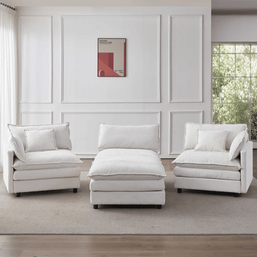 Sofá modular de canto de 3 lugares u2013 com chaise longue e pufe, sofá em L confortável em chenille premium para a sala de estar e espaços pequenos u2013 bege