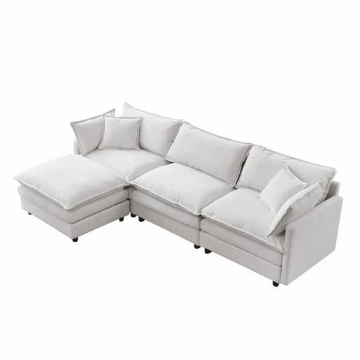 Sofá modular de canto de 3 lugares u2013 com chaise longue e pufe, sofá em L confortável em chenille premium para a sala de estar e espaços pequenos u2013 bege