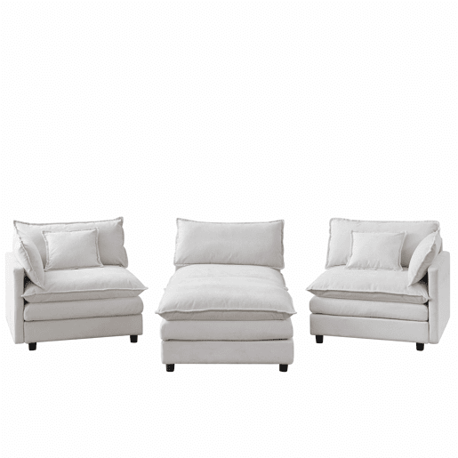 Sofá modular de canto de 3 lugares u2013 com chaise longue e pufe, sofá em L confortável em chenille premium para a sala de estar e espaços pequenos u2013 bege